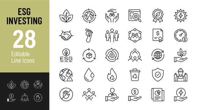 ESG Investing Icon Set - Environmental, Social and Governance Business Line Icons Pack