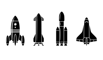 Four Black Rocket Ship Vector Icons with Modern Spacecraft and Launch Vehicle Designs © Sifat