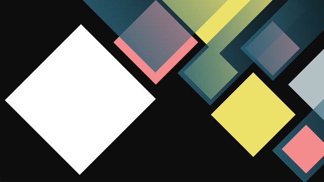 Abstract overlapping squares and diamonds with colorful gradients on black background modern geometric vector artwork