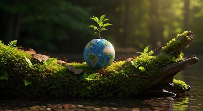 Earth globe with green sprout on mossy log in forest