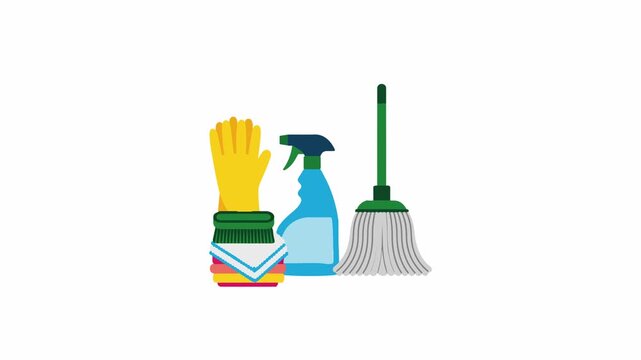 Cleaning Supplies Pop Up Animation with Spray Bottle Gloves Mop