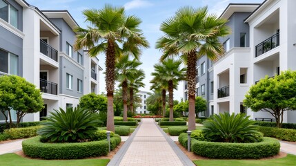 Fototapeta premium Modern apartment complex building with tropical landscaping