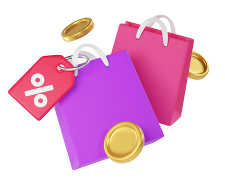 3D pink and purple Shopping bags with a sale tag and flying gold coins for shopping, discounts, savings, retail, commerce. 3d render
