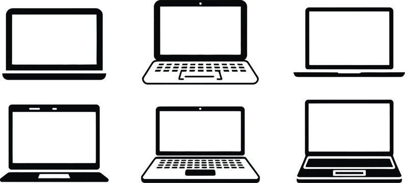 Six black laptop on white background computer technology
