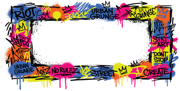 Grunge color frame templates with scribbles, aerosol paint, and ink drips. Set of graffiti spray art layout backgrounds with abstract street art elements on a transparent background.