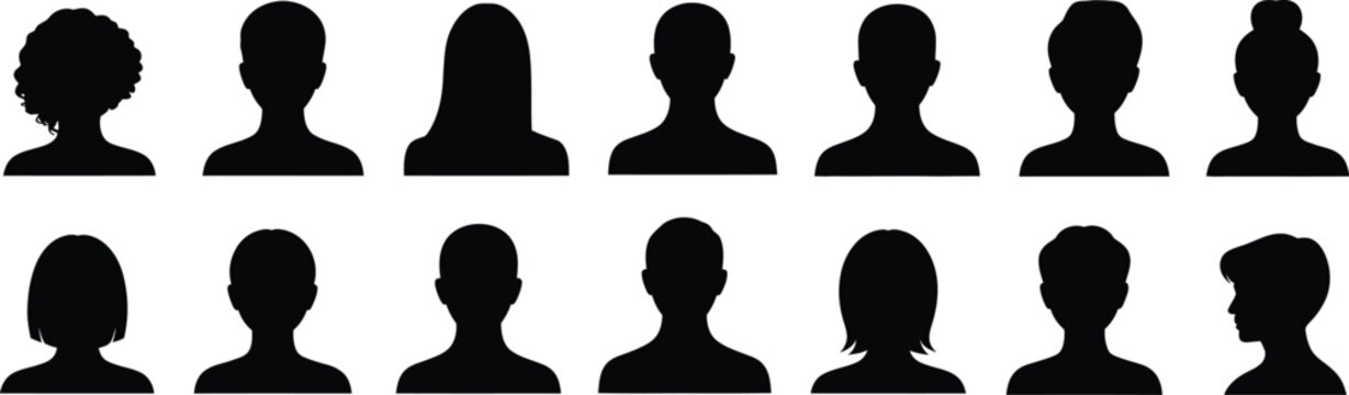 Twelve black silhouettes of human heads and shoulders