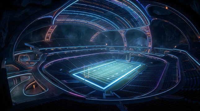 Glowing blue digital hologram of a basketball court inside a dark futuristic stadium arena with neon light lines and sports technology graphics