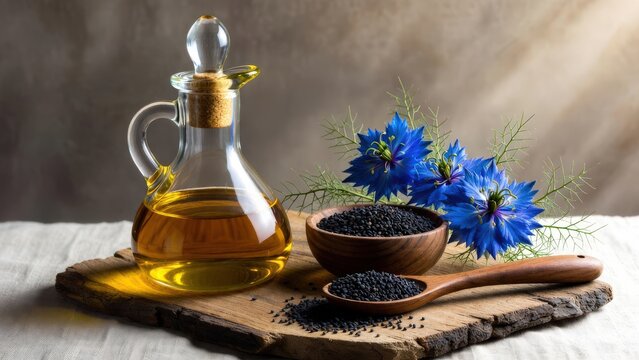 Black cumin seed and blue nigella flowers
