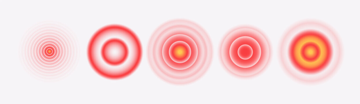 Pain icon set. Painful spot marks with red circles and ache symbols isolated. Body pain. Vector illustration for medical and health concepts.