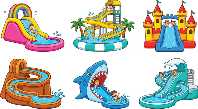 Inflatable Water Slide and Bouncy Castle Vector Icon Set Featuring Shark Castle Rainbow and Spiral Slides for Kids Summer Aquapark Amusement Illustrations