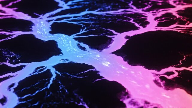 Abstract visualization of a glowing network of interconnected lines and branches in vibrant neon blue and pink colors against a dark black background creating a sense of energy and movement
