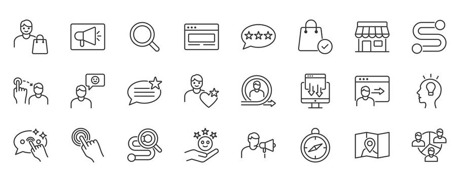 Customer journey icon set in outline style. Icon pack contain onboarding, touchpoint, engagement, feedback, support, retention, and user flow icons.