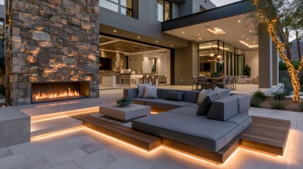 Fototapeta premium Modern outdoor living patio with fireplace and lounge furniture
