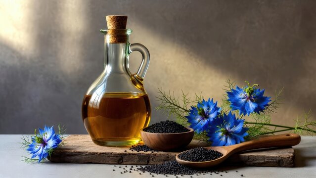 Black cumin seed and blue nigella flowers