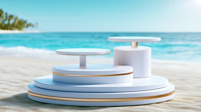 Minimalist white podiums with gold accents displayed on a sandy beach with ocean and clear sky in the background.