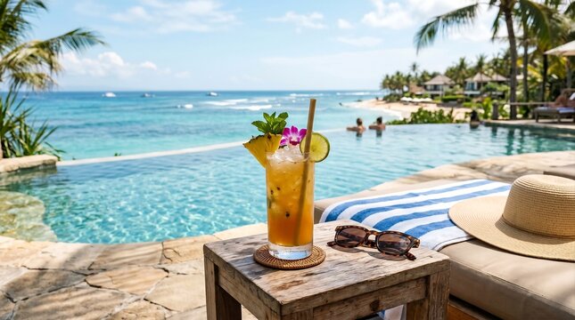 cocktail garnished on Tropical poolside scene featuring an infinity pool overlooking the ocean 
