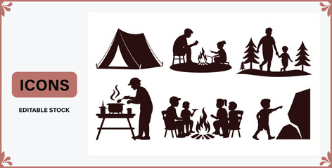 Camping icons with people and tent in various outdoor activities  family and friends enjoying nature and recreation © Badsha Mollik