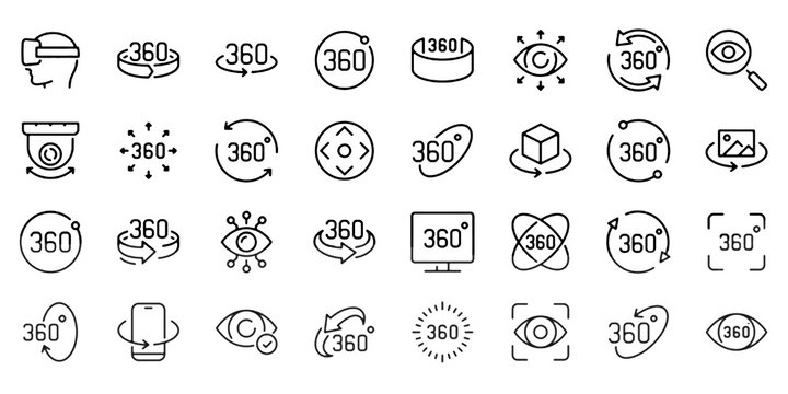 360 Degree View Line Icon Set, Panorama VR Vector Transparent Background