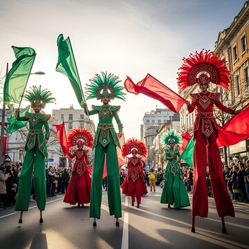 Performers on Stilts in Vibrant Costumes at Carnival Parade.