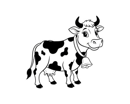 Spotted cartoon cow with a bell on its collar, standing sideways, line art for coloring