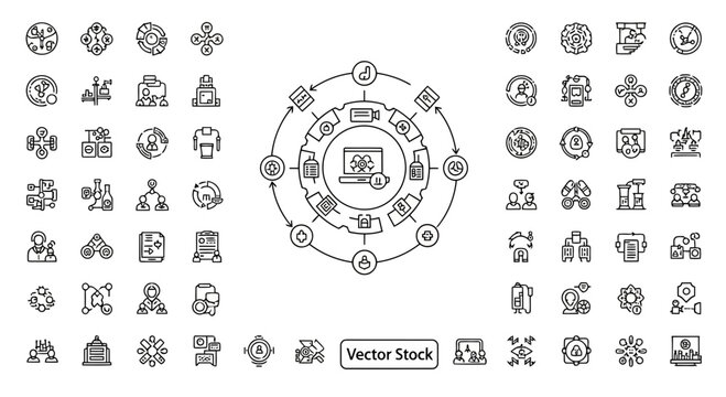Business management and corporate workflow line icons set for professional productivity and organizational success.