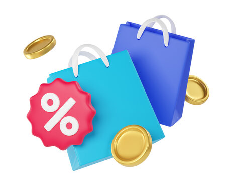 3D blue Shopping bags with a discount label and flying gold coins for shopping, discounts, savings, retail, commerce. 3d render
