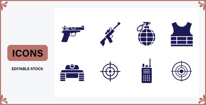 Collection of blue military and weapon icons on white background for graphic design  various symbols
