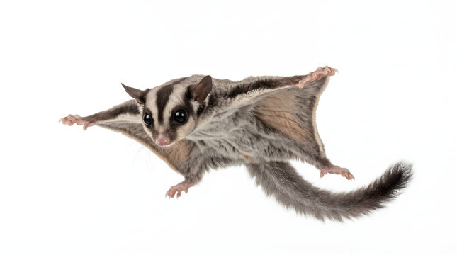 Captivating sugar glider, a small nocturnal marsupial, beautifully captured in mid-air, extending its patagium to glide against a clean white background