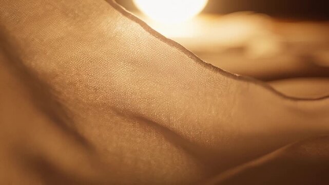 A close-up macro shot captures the delicate texture and translucent of a sheer fabric or illuminated by a warm golden light source, creating soft waves and gentle shadows with a shallow depth of field
