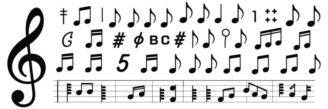 Set of musical notes. Black musical note icons. Music elements. Treble clef. Vector illustration isolated on transparent background.