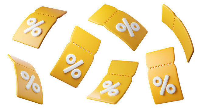 Set of Flying yellow 3D discount tags with percent signs, isolated on background. Coupon labels for promotion, sales, banners.

