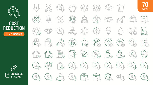A collection of cost reduction line icons for business use