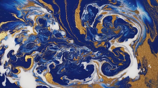 Abstract swirling patterns of deep blue, bright white, and shimmering gold paint create a fluid and marbled texture with organic flowing shapes and metallic accents