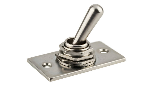 Shiny metallic toggle switch with a rectangular base and mounting holes.