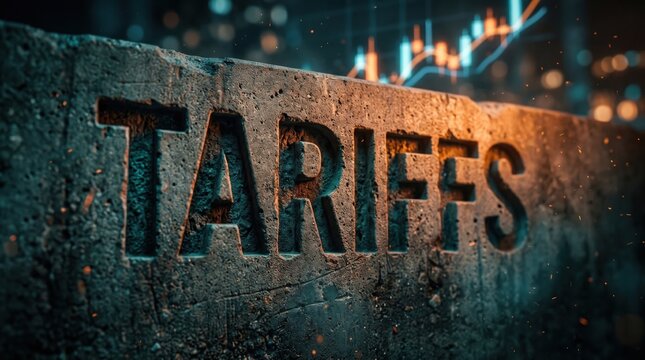 Tariffs Engraved in Stone: The word Tariffs is deeply carved into a weathered stone, symbolizing its imposing and enduring nature, set against a blurred backdrop of city lights and industry.
