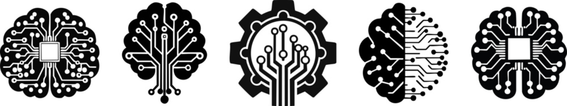 Silhouette of creative AI concept. Black and white icons depict brains integrated with microchips and circuit patterns, symbolizing AI and human-computer interaction.