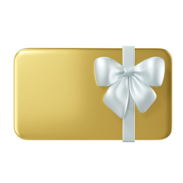 3d gold Gift Card with white bow and ribbon. Elegant birthday present template for holiday shopping, discounts, vouchers, invitations. 3d render
