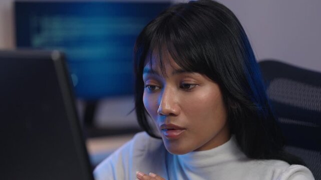 Young Asian female software developer in a white turtleneck gesturing with her hands while explaining code on her laptop inside a modern dark blue technology office