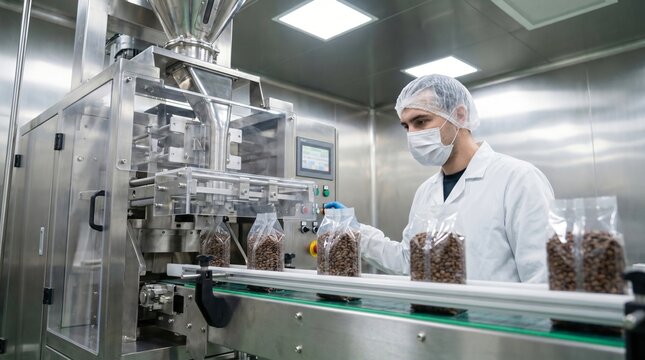 Factory worker in cleanroom packaging coffee beans on automated production line