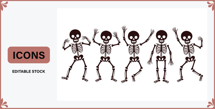 Four skeletons in various dance poses in a row on white background with decorative border  dancing skeleton icons