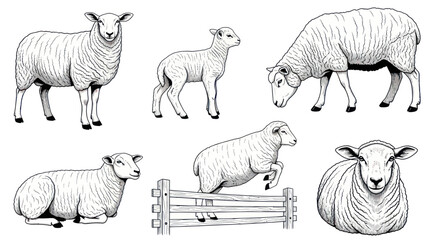 Farm Animals: Sheep and Lambs Collection, Black and White Illustrations © rahma