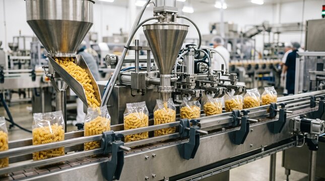 Automated food production line packaging dry pasta into transparent plastic bags