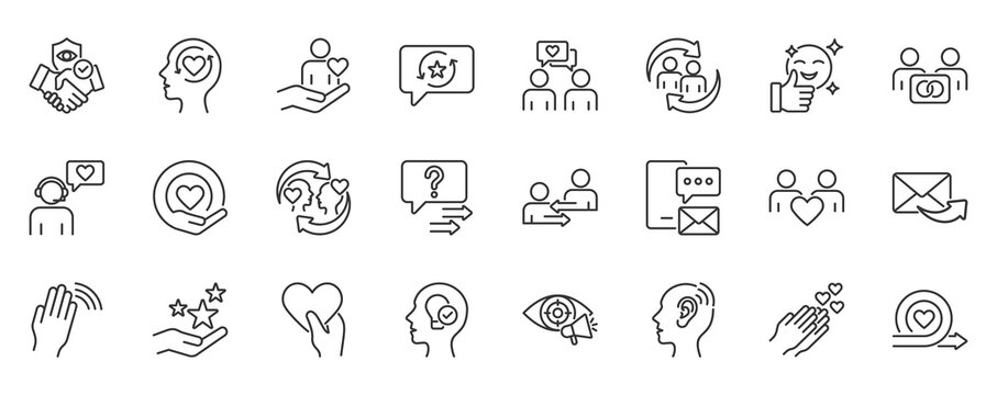 Customer relationship icon set in outline style. Icon pack contain communication, support, loyalty, engagement, feedback, partnership, and customer service icons.
