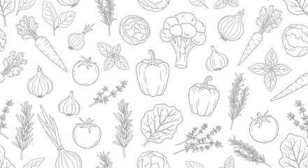 Healthy Food Pattern: Vegetables and Herbs Line Art - Organic Lifestyle © tuwir