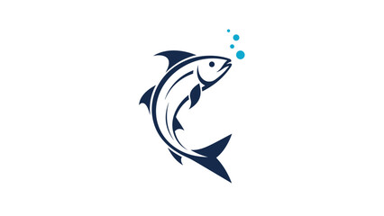 Obraz premium Stylized blue fish leaping out of the water with small bubbles floating above it in a simple vector art style for logos or icons.