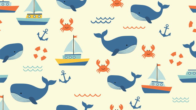 Cute seamless nautical pattern with blue whales, orange crabs, sailboats, and anchors on a cream background.