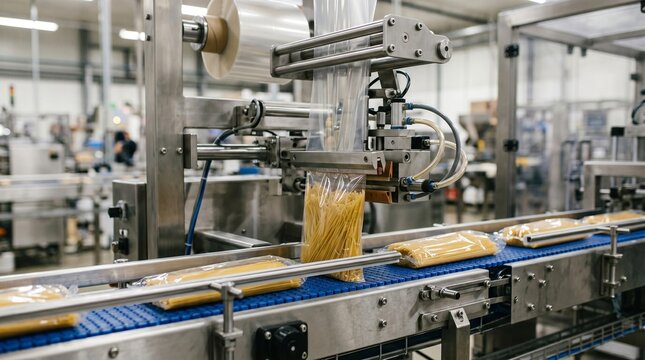 Automated food packaging machine sealing bags of spaghetti on a conveyor belt
