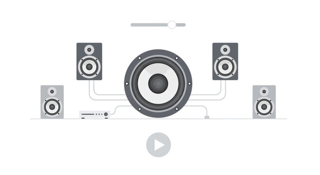 Home audio system with subwoofer and speakers, sound setup