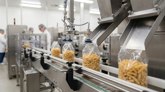 Automated food packaging line with clear plastic bags filled with spiral pasta on a conveyor belt