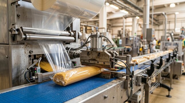 Spaghetti production line packaging spaghetti in plastic wrap on a conveyor belt